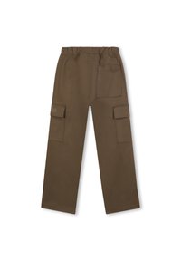 Bruine cargobroek met een elastische tailleband, voorzien van twee zijcargo pockets en één achterzak. Glad materiaal zonder patronen of accenten.