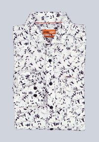 White long-sleeve button-up shirt folded, black leaf pattern, black buttons, regular fit, Emilio Adani label on collar and chest pocket.