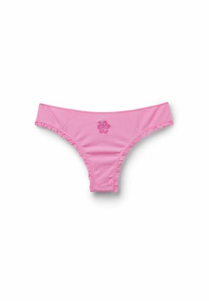 Roze geribde bikini-onderbroek met kleine bloemenborduursel middenvoor en gerimpelde randen langs de zijkanten.
