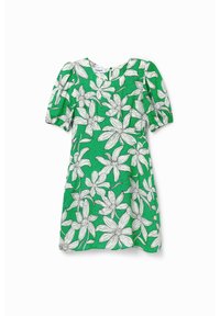 Groene jurk met een wit bloemenpatroon, korte pofmouwen, ronde halslijn en een geraffineerde taille. De stof heeft een gestructureerde afwerking.