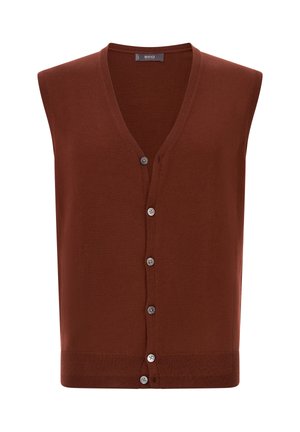 Bruine mouwloze cardigan met een V-hals, voorzien van een rij lichte knopen en een geribbelde zoom onderaan. Gemaakt van een zachte stof.