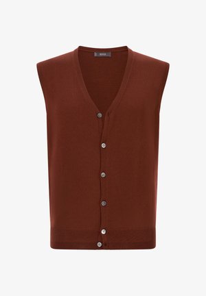Bruine mouwloze cardigan met een V-hals, voorzien van een rij lichte knopen en een geribbelde zoom onderaan. Gemaakt van een zachte stof.