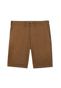 Pantaloni corti in cotone marrone con zip e chiusura a bottone, cinque tasche e un sottile logo accento sul lato. Design classico a vestibilità dritta.