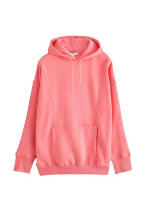 Koralų rožinės spalvos džemperis su gobtuvu iš minkštos medžiagos, turintis priekines kišenes, reguliuojamą raištelį ir laisvo kirpimo rankoves su rankogaliais.