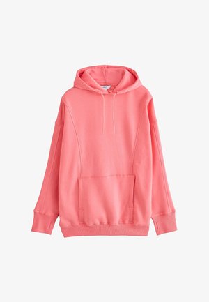 Koralų rožinės spalvos džemperis su gobtuvu iš minkštos medžiagos, turintis priekines kišenes, reguliuojamą raištelį ir laisvo kirpimo rankoves su rankogaliais.