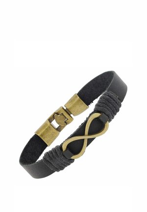 Black leather bracelet with bronze infinity symbol and matching bronze clasp, featuring wrapped black cord detailing on each side.