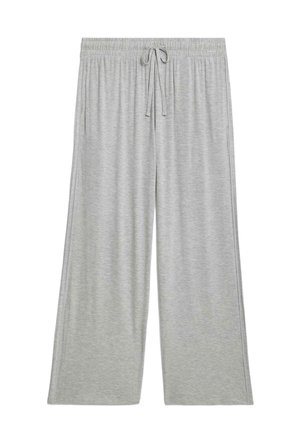 Lysegrå, bukser med vide ben lavet af blødt stof; har elastisk taljebånd med snøre og sidelommer.