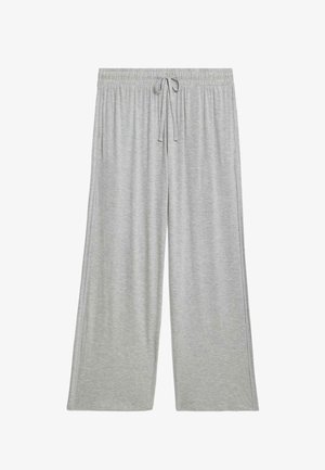 Pantalon ample gris clair en tissu doux ; doté d'une taille élastique avec cordon de serrage et de poches latérales.