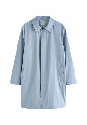 Light blue long coat made of smooth fabric. Features a collar, front button closure, and two side pockets. Minimalist design with straight cut.