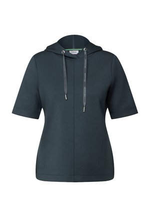 Hoodie court à manches courtes gris foncé avec capuche à cordon de serrage, texture douce et design minimaliste. Aucuns motifs ni accents visibles.