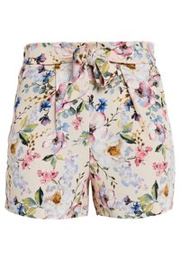 Shorts floreali in un tessuto beige chiaro, con una combinazione di fiori rosa e blu, vita alta e un dettaglio anteriore legato con tasche.