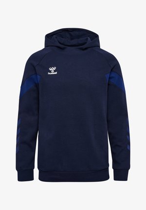 Marineblauwe hoodie met blauwe accenten en het Hummel-logo op de borst. Voorzien van ribbelmanchetten en een zachte textuur.