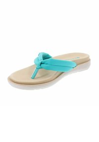 Flip-flop leggero con suola beige, dotato di una striscia in gomma teal e un post toe a forma di T, texture liscia e design minimalista.