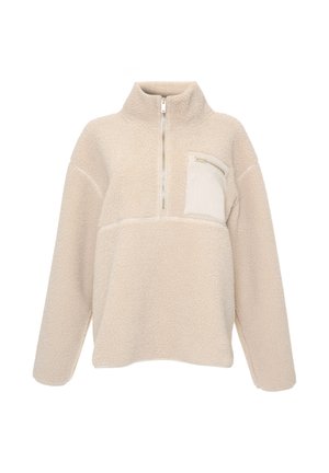 Beige fleece pullover with half-zip front, high collar, long sleeves, and zippered chest pocket on the left side.