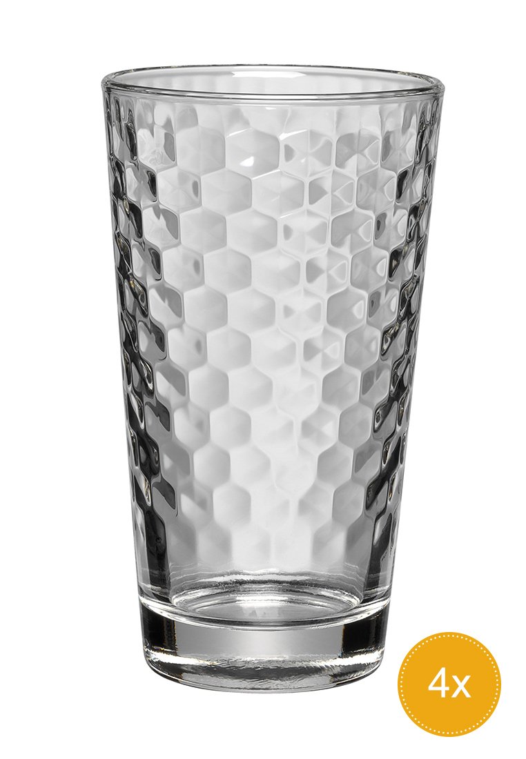 Transparenter Glastumbler mit einem hexagonalen Strukturmuster, geraden Seiten und einem soliden Boden. Die Kapazität wird als "4x" angezeigt.