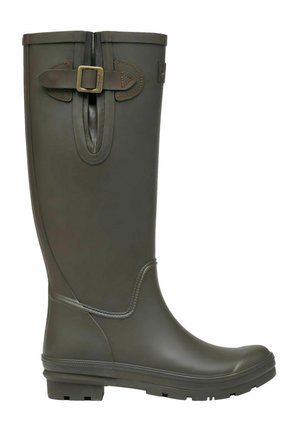 Dunkelgrüne Gummiregenstiefel mit hohem Schaft, Schnallen-Detail und strukturiertem Profil, versehen mit klaren Linien und minimalen Nähten.