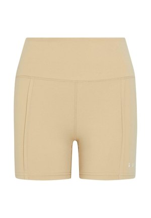 Bež kratke hlače z elastičnim pasom, gladko teksturo in preprostim dizajnom. Imajo diskretno šivanje in majhen logotip na strani.