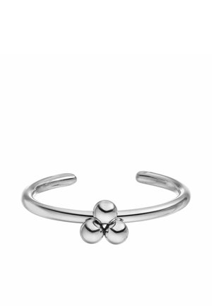 Zilveren verstelbare armband met drie ronde metalen kralen in het midden. Gladde, gepolijste afwerking met een minimalistisch ontwerp.