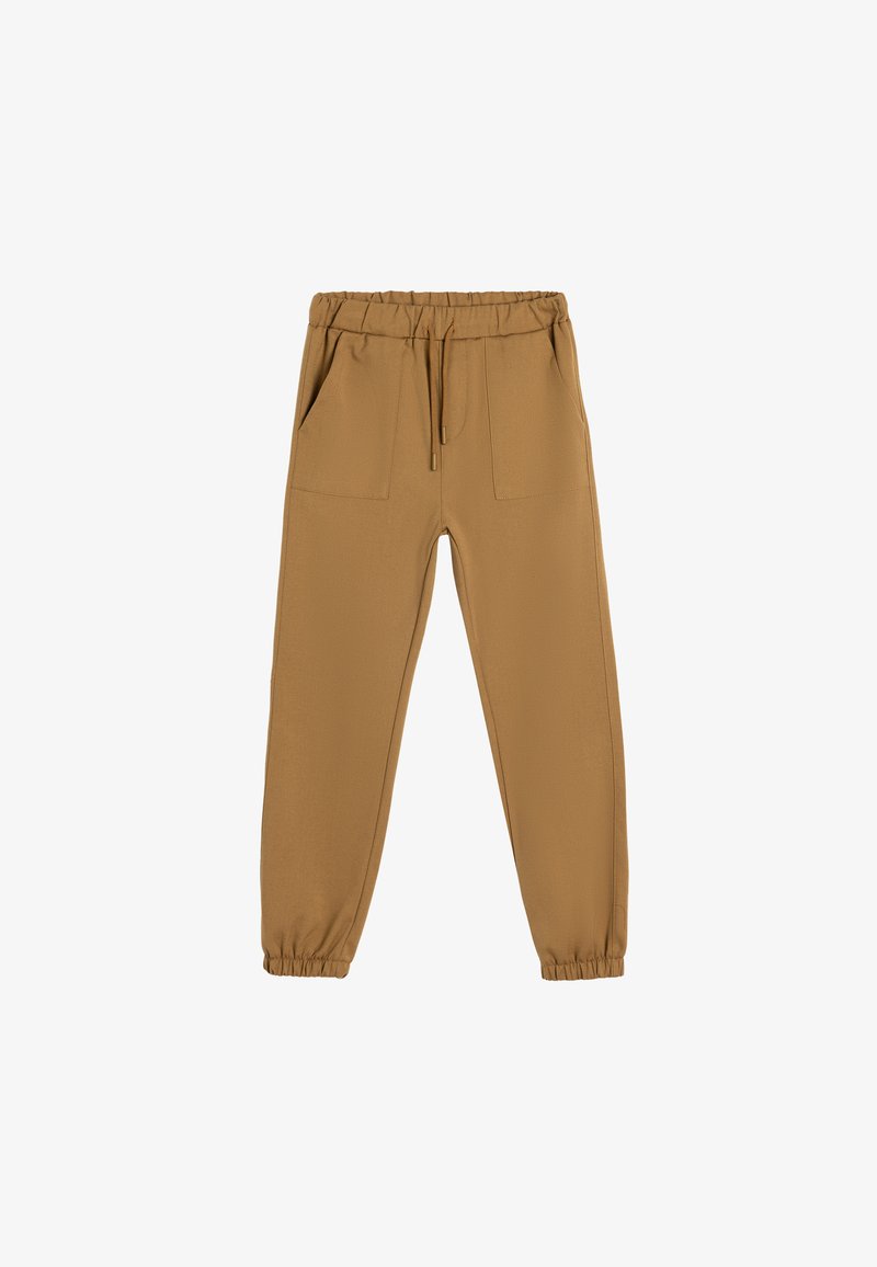 Bruine joggingbroek met een elastische tailleband en een verstelbaar koord, voorzien van twee voorzakken en geribde boorden aan de enkels.
