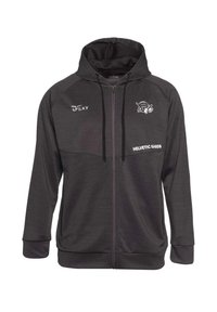 Felpa nera con zip, dal tessuto morbido, dotata di cappuccio, cordini e tasche laterali. Logo e testo "HELVETIC GUARDS" stampati in bianco.