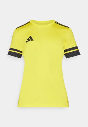 Yellow athletic shirt made of lightweight fabric, featuring black accents, three black stripes on sleeves, and a logo on the upper left.