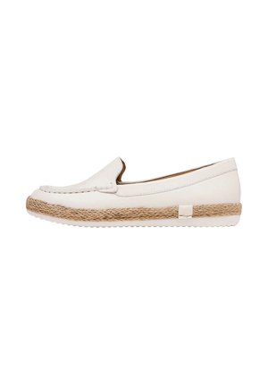 White leather slip-on shoes with a woven jute midsole, flat rubber outsole, and minimal stitched detailing at the front.
