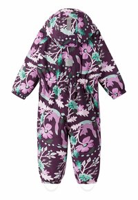 Paarse bloemenkindersneeuwpak met lange mouwen, capuchon, elastische taille en manchetten, met bladeren en bloemen in roze en groen. Waterdicht materiaal.
