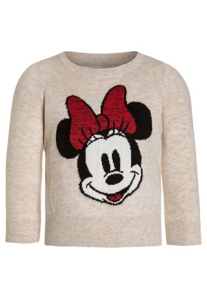 Suéter beige de manga larga con un gran dibujo de una cara de ratón de dibujos animados con orejas negras y un lazo rojo prominente en el frente.