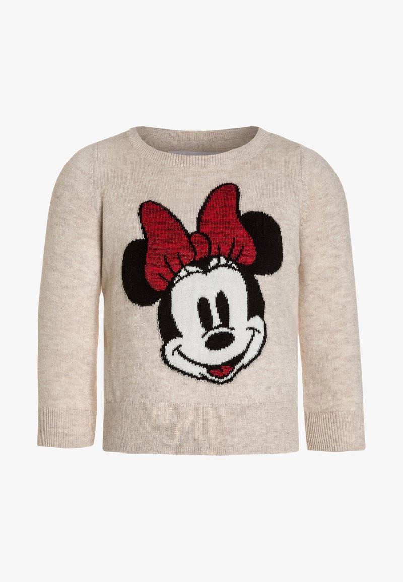 Pull beige à manches longues avec un grand visage de souris de dessin animé, des oreilles noires et un grand nœud rouge en avant.