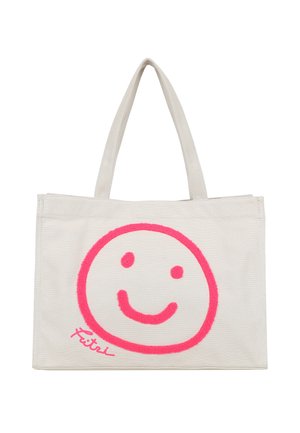 Cremefarbene Tragetasche mit rosa gesticktem Smiley-Gesicht und "Fitri"-Signatur, ausgestattet mit zwei Tragegriffen.