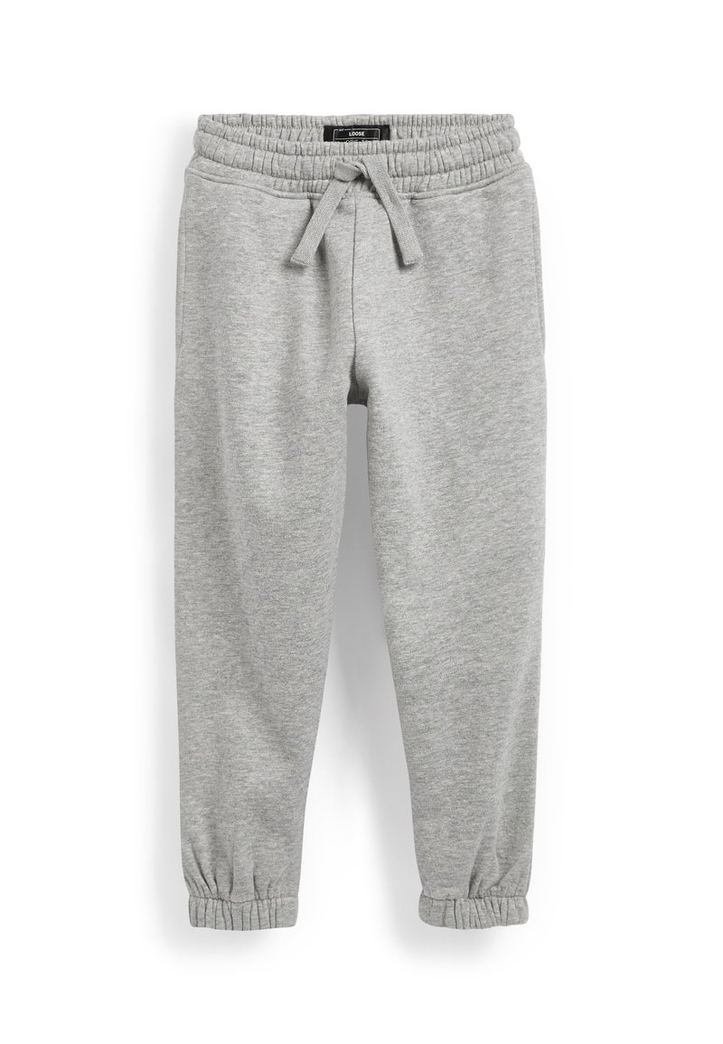 Pantalones de chándal grises hechos de algodón suave, con una cinturilla elástica y cordón ajustable, puños ajustados y un diseño de corte holgado.