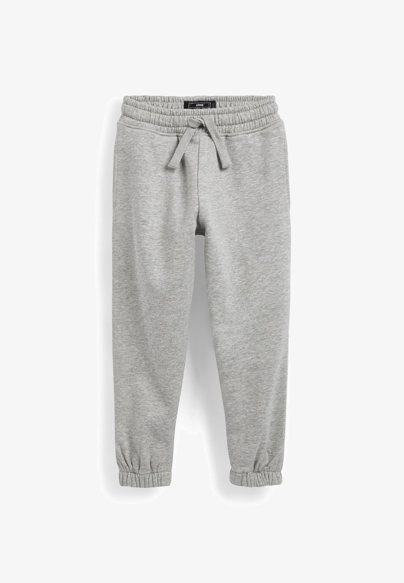 Szare dresy wykonane z miękkiej bawełny, z elastycznym paskiem w talii i sznurkiem, zwężanymi mankietami oraz luźnym krojem.