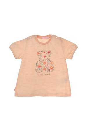 Pfirsich gestreiftes Babyshirt mit Druckknöpfen an den Schultern, mit einem floralen Teddybären und dem Text „Feel loved“ auf der Vorderseite.