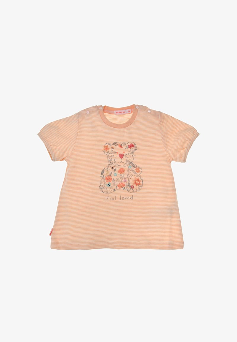 Chemise bébé rayée pêche avec boutons-pression aux épaules, ornée d'un nounours floral et du texte "Feel loved" à l'avant.