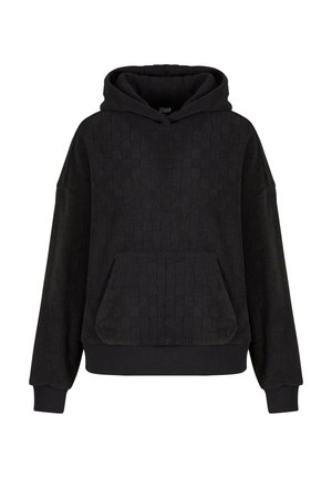 Zwarte hoodie met een gestructureerd ruitpatroon, voorzien van een kangoeroezak en ribgebreide manchetten. Capuchonontwerp, comfortabele pasvorm.