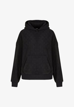 Fekete kapucnis pulóver, amely textúrált kockás mintával rendelkezik, kenguruzsebes és bordás mandzsettákkal. Kapucnis dizájn, laza szabás.