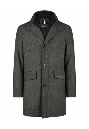 Grau gestreifter Hahnentrittmantel mit strukturiertem Kragen, vorderem Knopfverschluss und zwei Seitentaschen. Aus strukturiertem Stoff gefertigt.