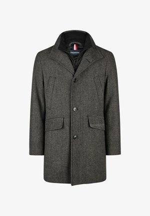 Grå frakke med hundetand mønster, struktureret krave, lukning med knapper foran og to sidelommer. Fremstillet af tekstureret stof.