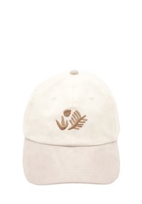 Beige cotton cap with a light beige suede brim. Features brown floral and leaf embroidery on the front. Five ventilation holes.