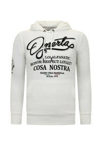 Witte hoodie met een voorste buidelzak, zwart gedrukt tekst en decoratieve elementen op de mouwen. Voorzien van een trekkoord in de capuchon.