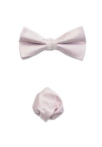 Noeud papillon texturé rose avec un nœud pré-noué assorti. Le matériau est un tissu tissé, présentant un subtil éclat et un motif en grille.