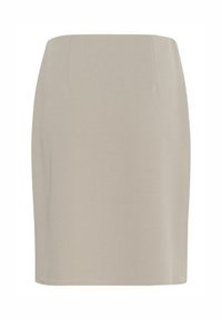 Beige getailleerde kokerrok met een eenvoudige uitstraling, zonder zichtbare patronen en een soepele textuur. Beschikt over een middelhoge taille en een lengte tot de knie.