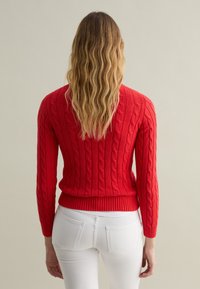 Maglione rosso a maglia intrecciata con orlo e maniche a costine, caratterizzato da un motivo strutturato. Modella che indossa con pantaloni bianchi, mostrata di schiena.