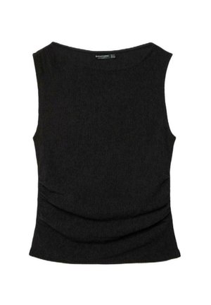 Czarny, bezrękawnik z prążkowanego dzianinowego materiału, z dekoltem typu łódka i delikatnym marszczeniem w talii.