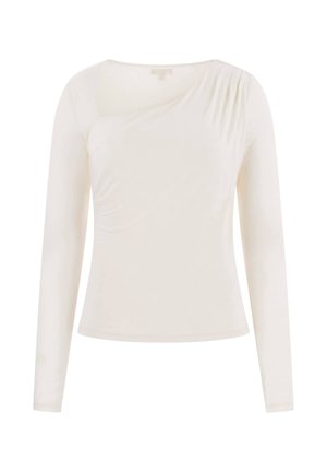 Długi rękaw, kremowy top wykonany z miękkiego materiału z lekko marszczonym wzorem po jednej stronie i gładkim, okrągłym dekoltem.