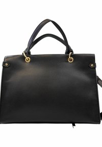 Borsa a mano in pelle nera con forma rettangolare strutturata, caratterizzata da dettagli in oro, due manici robusti e una superficie texture.
