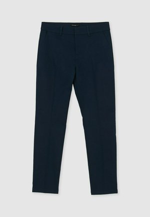 Pantalons taillés bleu marine, fabriqués dans un tissu lisse, avec des poches avant et un design épuré avec une coupe droite.