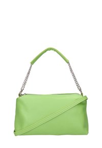Borsa a tracolla in ecopelle verde di forma rettangolare, con manico corto e tracolla in catena argentata, chiusura a zip.