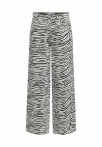 Kalhoty s širokými nohavicemi v šedém a černém zebra potisku. Jsou vyrobeny z lehké tkaniny a mají pět kapsí s knoflíkovým zapínáním.