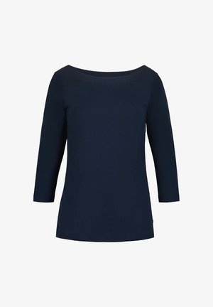 Marineblaues Langarmshirt mit Bootsausschnitt, aus glattem Stoff gefertigt, mit geradem Schnitt und Nahtdetails entlang der Nähte.